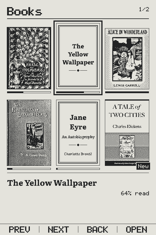 Books: a grid of six covers, Pride and Prejudice, The Yellow Wallpaper, Alice in Wonderland, The Adventures of Sherlock Holmes, Jane Eyre and A Tale of Two Cities, each with a bar for how far you’ve read. The Yellow Wallpaper is chosen, 64% read.