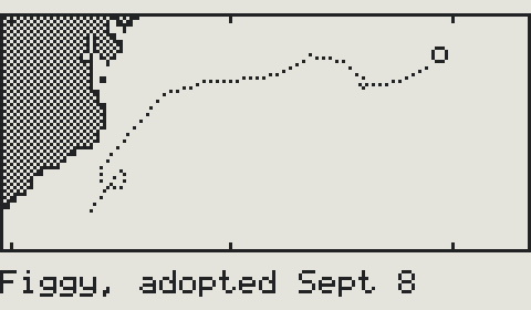 The drifter on Deckle’s own screen: a map of the coast, a dotted line where the buoy has drifted out to sea, a ring where it is now, and under it “Figgy, adopted Sept 8”.