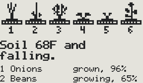 The garden on Deckle’s own screen: six numbered beds, then “Soil 68F and falling.” and the first two beds, onions grown, 96%, and beans growing, 65%.
