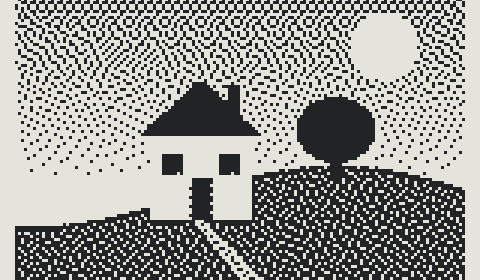 Part of a print as the X3 shows it, in one-bit dots: a house on a hill, a round tree, the sun, and a path down the hill.