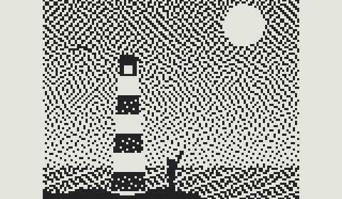 Part of a print as the X3 shows it, in one-bit dots: a lighthouse on a cliff, and someone waving beside it.