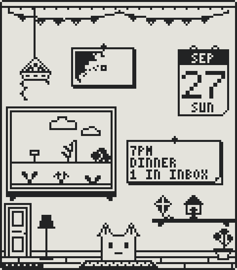 The paper fox in its room on a Sunday morning: clouds over the garden in the window, a postcard map of its drifter, the calendar on Sunday the 27th, a note that says 7 PM, dinner, 1 in Inbox, and the fox on its rug, content.