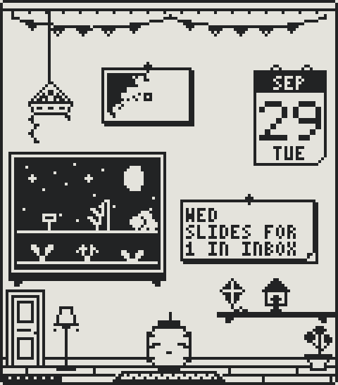 The lantern in its room near midnight on a Tuesday: the moon and stars over the garden, the lamp turned low, the calendar on Tuesday the 29th, a note that says Wed, slides for, 1 in Inbox, and the lantern on its rug, sleepy.