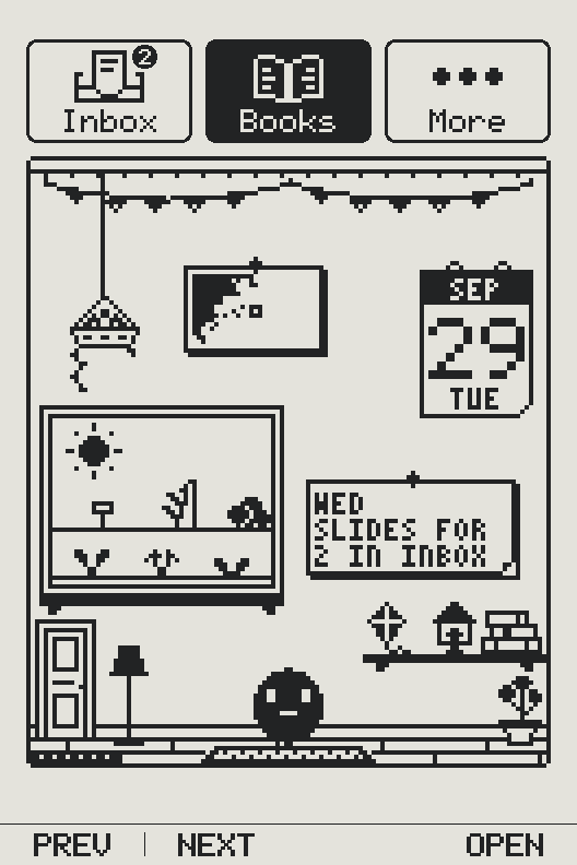 Home on an X3: three tiles across the top, Inbox with 2 on its badge, Books, picked, and More. Under them is Deckle’s room on Tuesday morning: a hanging plant, a postcard map of its drifter, the calendar on Tuesday the 29th, the sun over the garden in the window, a note that says Wed, Slides for, 2 in Inbox, the door, Deckle on its rug, and a shelf with a kite, a birdhouse and books.