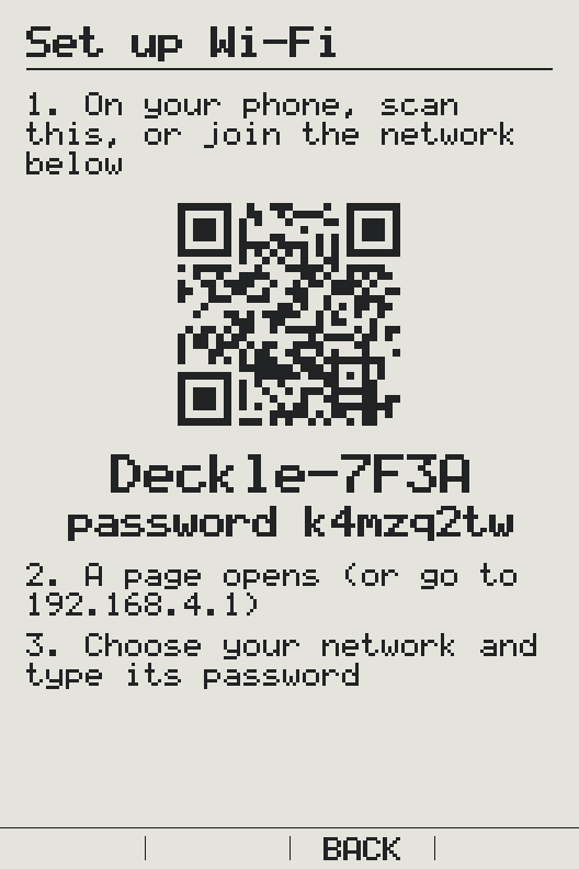 The X3’s Wi-Fi setup screen: On your phone, scan this, or join the network below. A QR code, then the network Deckle-7F3A and its password, k4mzq2tw. Then: a page opens, or go to 192.168.4.1; choose your network and type its password.