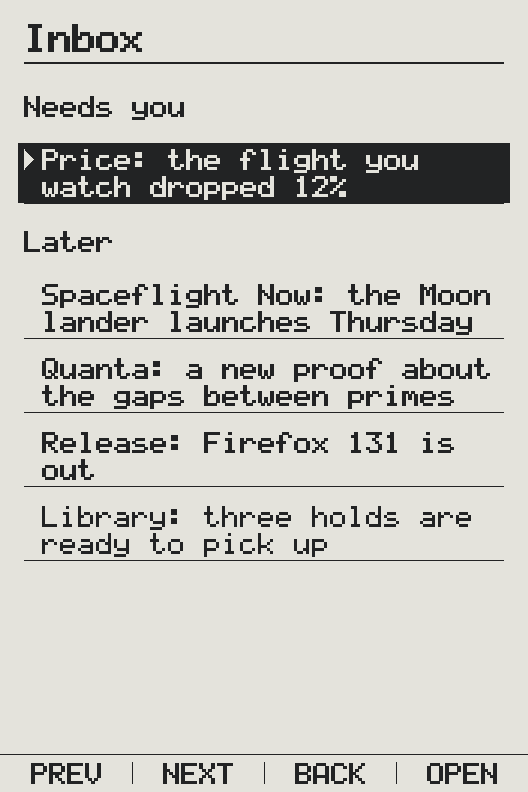 The Inbox on an X3, after Deckle’s hourly look. Needs you: the flight you watch dropped 12%. Later: Spaceflight Now, the Moon lander launches Thursday; Quanta, a new proof about the gaps between primes; Firefox 131 is out; and, already read, the library’s three holds.