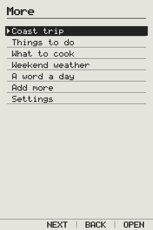What it makes: More on an X3, the list one press from Home, with the rows Sam added, Coast trip, Things to do, What to cook, Weekend weather and A word a day, then Settings, last as always.