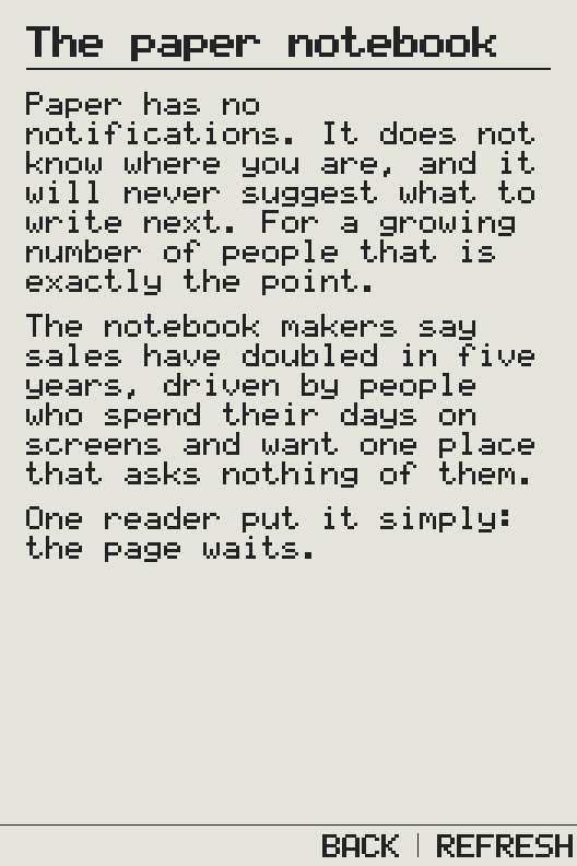 The article in the reader on an X3: The paper notebook, cut into pages.