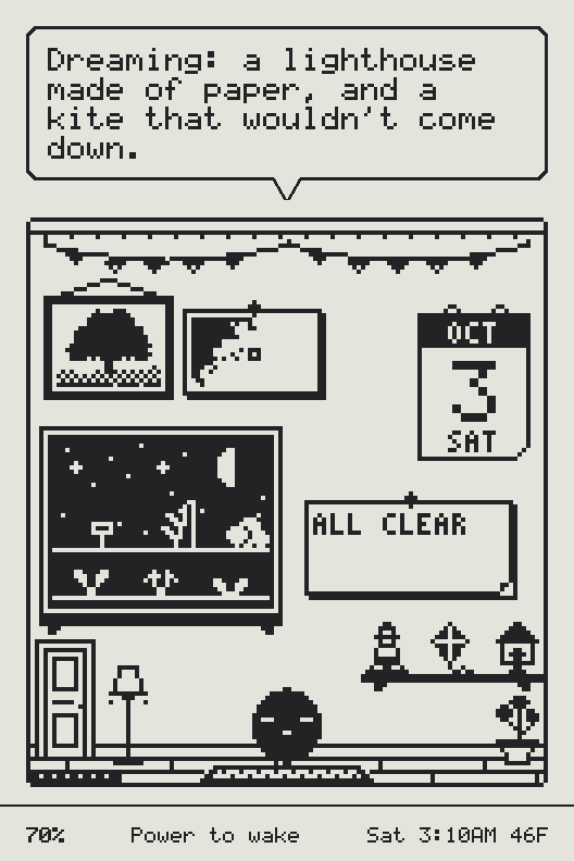 The sleep screen on Saturday at 3:10 AM. The bubble says “Dreaming: a lighthouse made of paper, and a kite that wouldn’t come down.” Deckle looks sleepy on the rug, the lamp is low, the moon and stars are in the window, a print of an oak hangs on the wall, and the note says All clear.