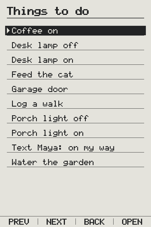 Things to do on an X3, in order: Coffee on, Desk lamp off, Desk lamp on, Feed the cat, Garage door, Log a walk, Porch light off, Porch light on, Text Maya: on my way, and Water the garden.